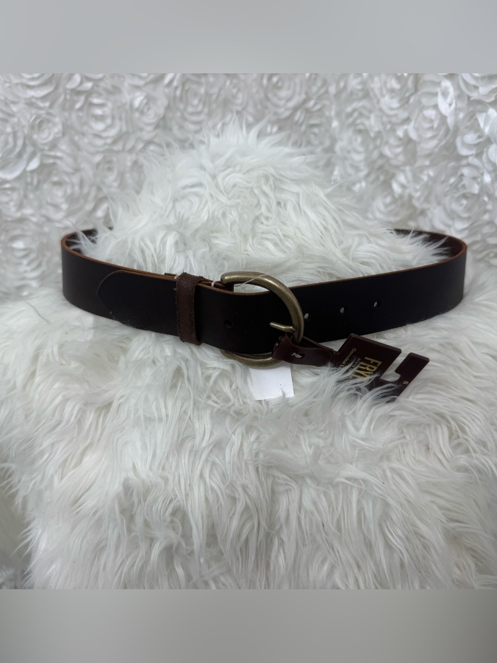 FRYE Genuine Leather Belt Dark Brown Antique Brass Buckle S NWOT 39”